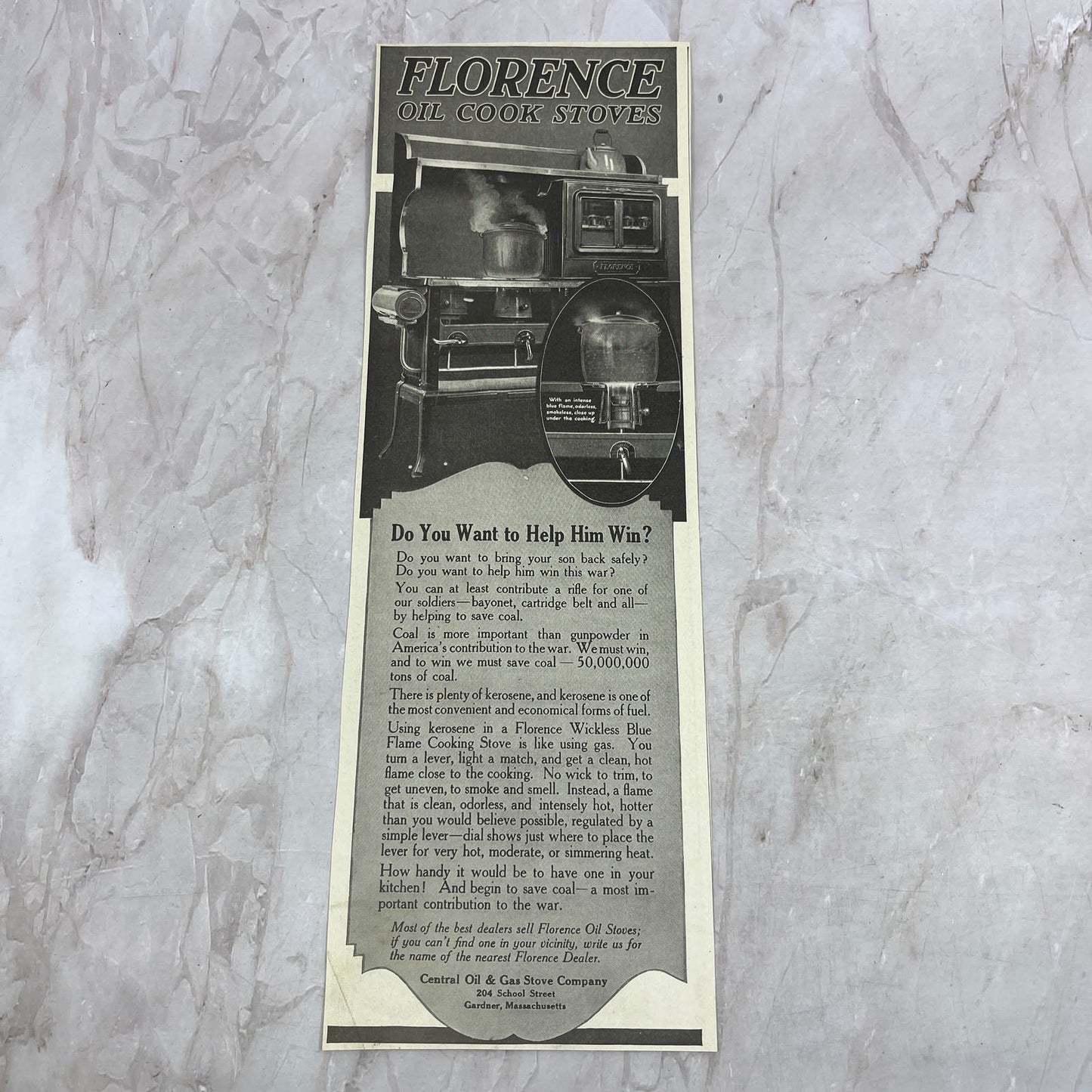 Florence Cook Stoves Central Oil & Gas Stove Gardner MA 1918 Magazine Ad FL6-10