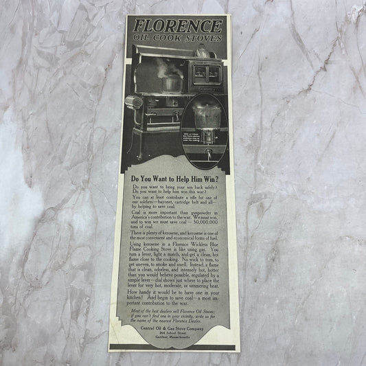 Florence Cook Stoves Central Oil & Gas Stove Gardner MA 1918 Magazine Ad FL6-10