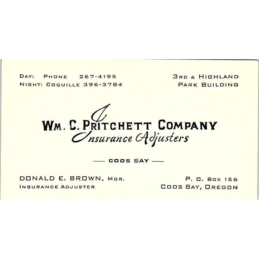 Donald E Brown Wm. C. Pritchett Co Coos Bay OR Vintage Business Card SD9-B8