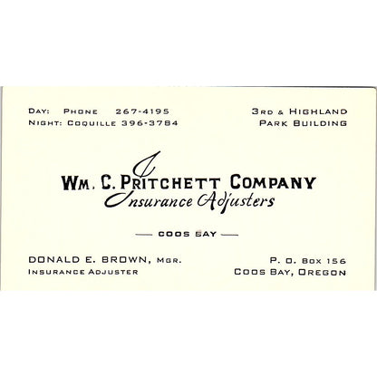 Donald E Brown Wm. C. Pritchett Co Coos Bay OR Vintage Business Card SD9-B8