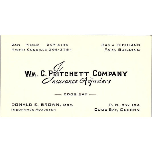 Donald E Brown Wm. C. Pritchett Co Coos Bay OR Vintage Business Card SD9-B8
