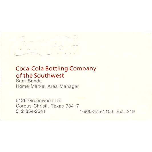 Sam Banda Coca-Cola Bottling Co Corpus Christi Vintage Business Card SC9-B3
