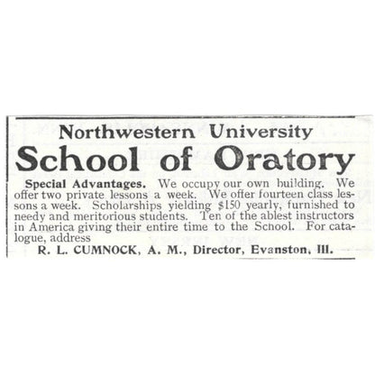 Northwestern University School of Oratory R.L. Cumnock c1918 Ad AE5-SV3