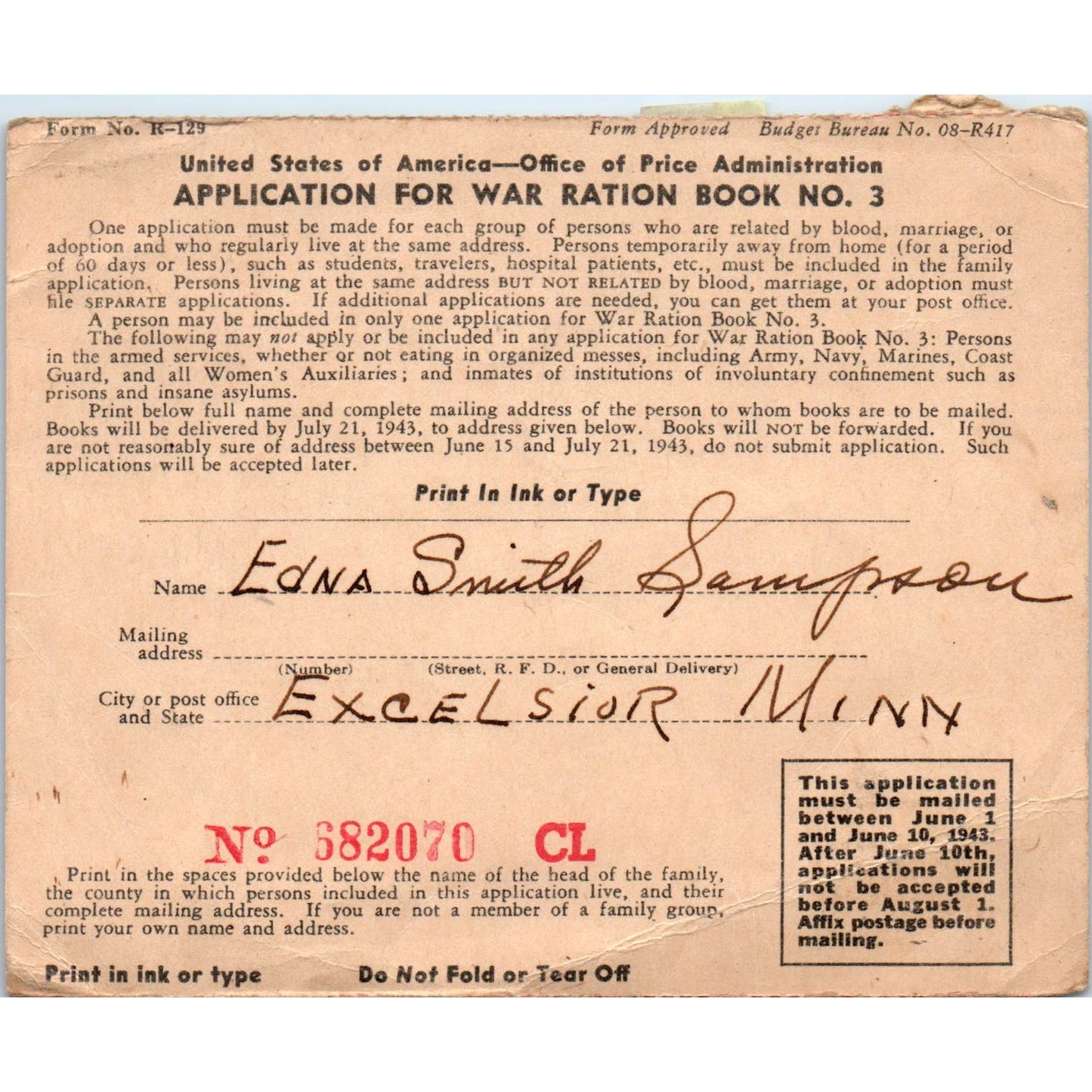 1943 WWII Application for War Ration Book No. 3 Excelsior MN AD7