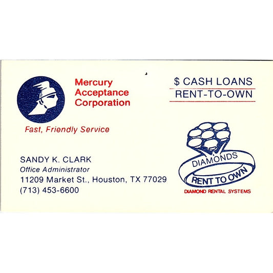 Sandy K Clark Mercury Acceptance Corp Houston Vintage Business Card SD9-B7