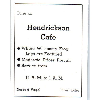 Hendrickson Cafe Norbert Vogel Forest Lake MN 1940 Magazine Ad AF1-OM