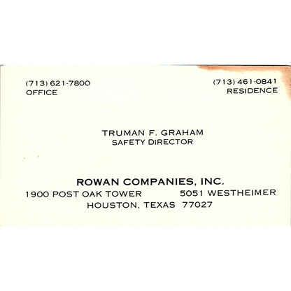 Rowan Company Inc Truman F Graham Houston Texas Vintage Business Card SB4-B9