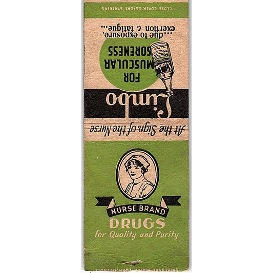 Nurse Brand Drugs Limbo for Muscular Soreness Vintage Matchbook Cover SC7-Y9