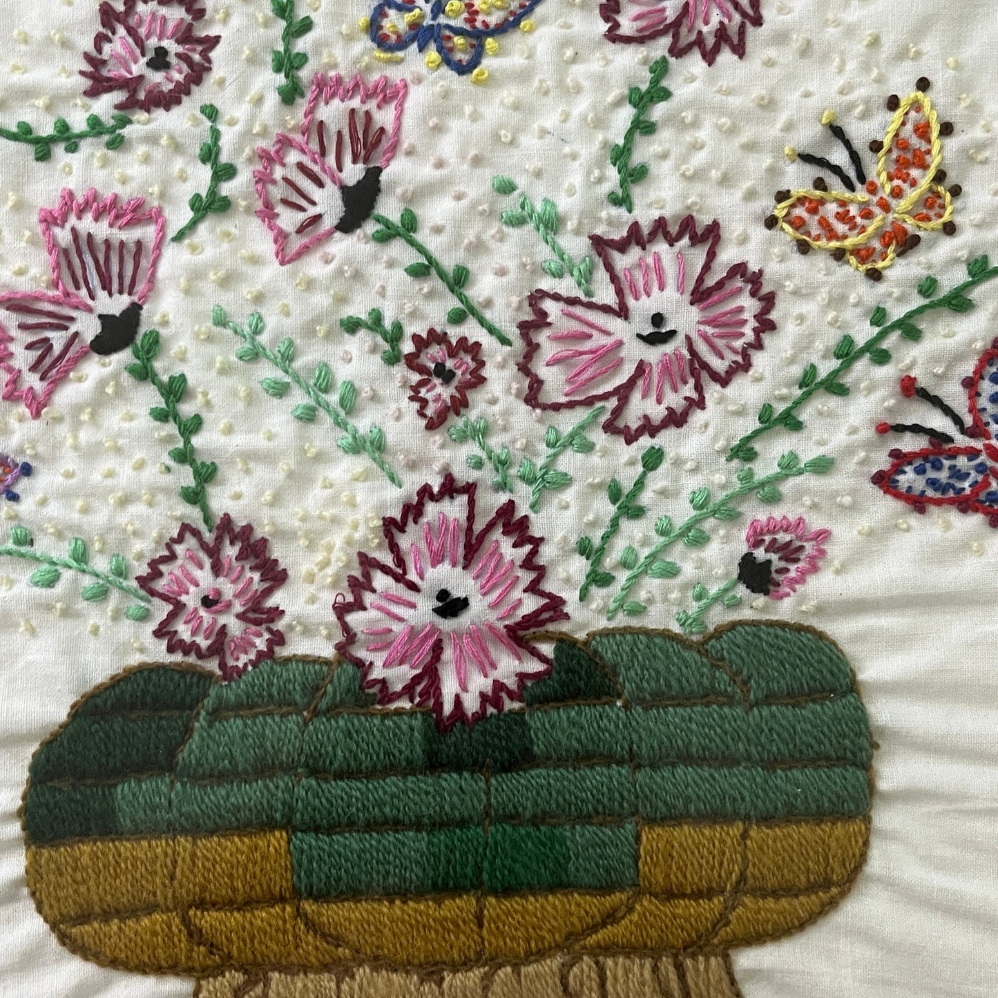 Vtg Framed Needlework Crewel Wool Embroidered Basket of Flowers Floral 15x15"