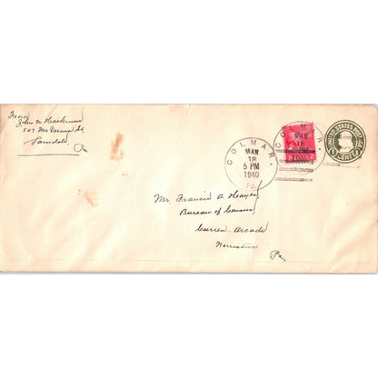 1940 Francis A. Hayes Norristown PA Colmar Cancel Postal Cover Envelope TH9-L2