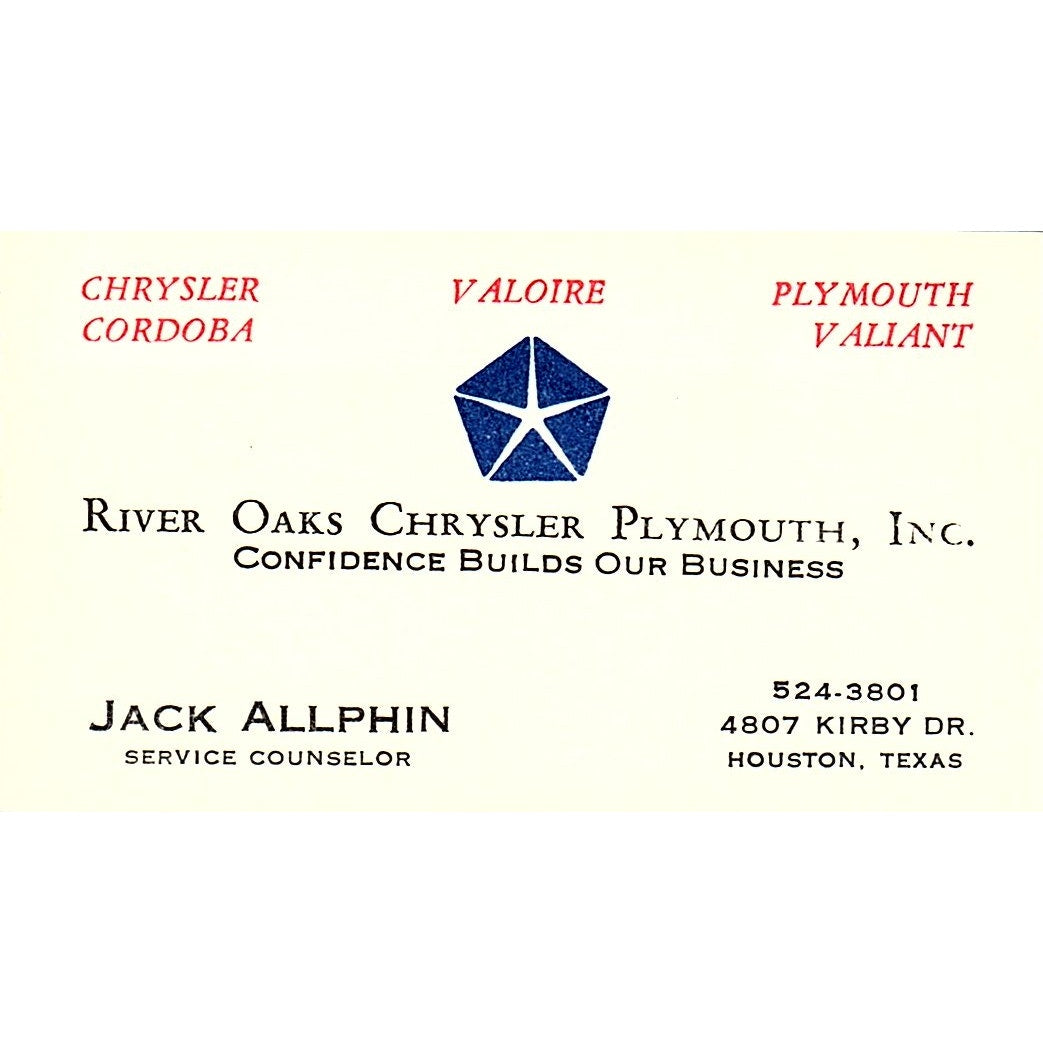 Jack Allphin River Oaks Chrysler Plymouth Houston Vintage Business Card SD9-B6