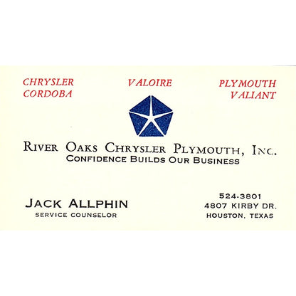 Jack Allphin River Oaks Chrysler Plymouth Houston Vintage Business Card SD9-B6