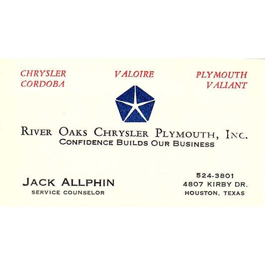 Jack Allphin River Oaks Chrysler Plymouth Houston Vintage Business Card SD9-B6