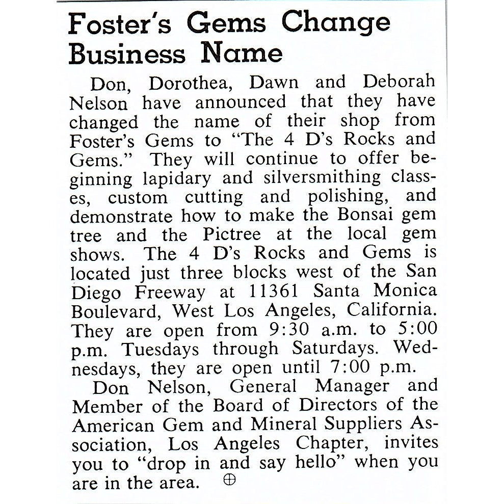 Fosters Gems Name Change to 4 D's Rock Shop Los Angeles 1972 Ad AF8-M1