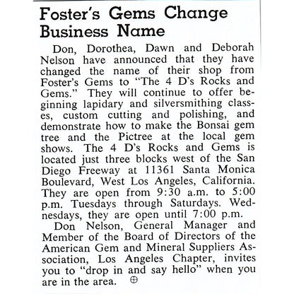 Fosters Gems Name Change to 4 D's Rock Shop Los Angeles 1972 Ad AF8-M1