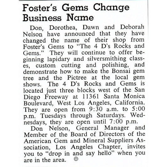 Fosters Gems Name Change to 4 D's Rock Shop Los Angeles 1972 Ad AF8-M1