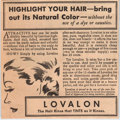 Lovalon Hair Rinse That Tints 1935 Minneapolis Journal Advertisement AE7-N2