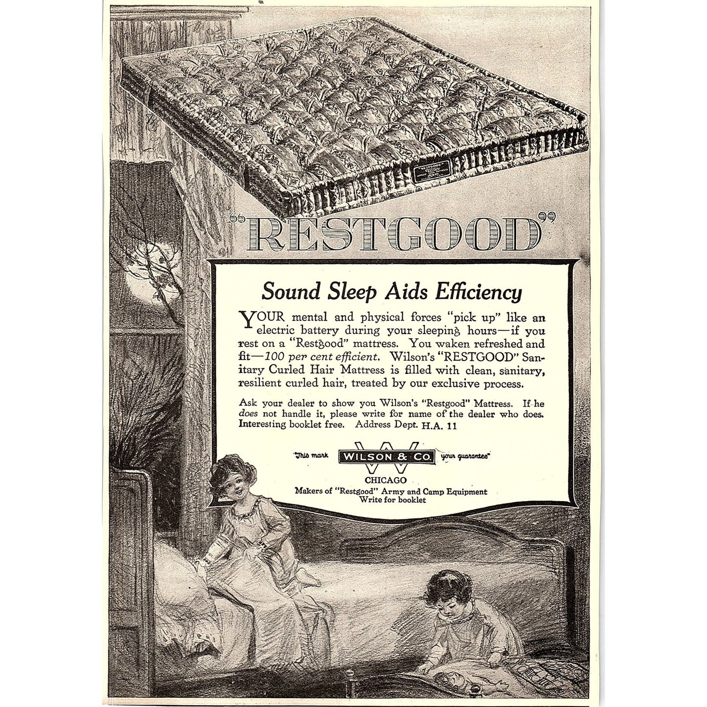 Restgood Sanitary Curled Hair Mattress Wilson & Co Chicago c1920 Ad AF8-9