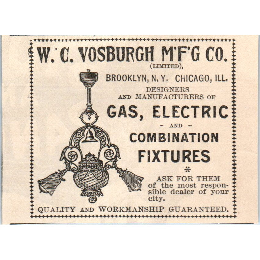 WC Vosburgh Mfg Co Brooklyn Chicago Gas Electric Fixtures 1892 Magazine Ad AK6-M2