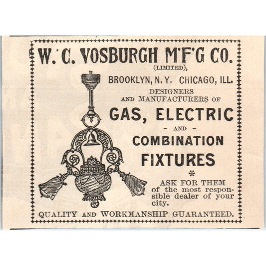 WC Vosburgh Mfg Co Brooklyn Chicago Gas Electric Fixtures 1892 Magazine Ad AK6-M2