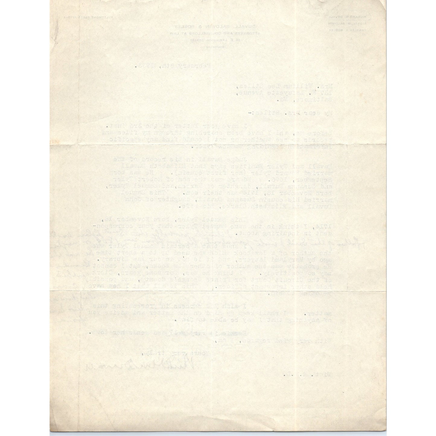 1933 Duvall, Baldwin & Bosley Attorneys Letterhead Memo Baltimore MD D21