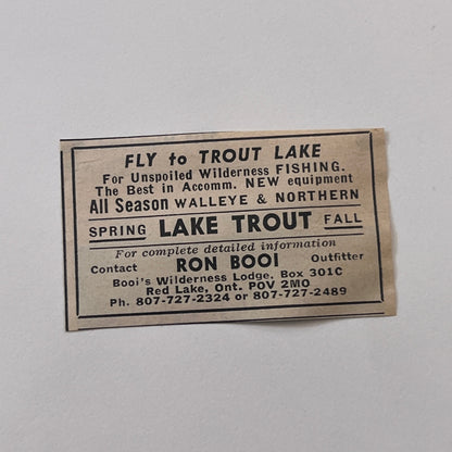 Ron Booi Wilderness Lodge Trout Lake Red Lake Ontario 1977 Ad AF6-M16