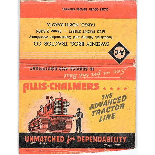Sweeney Bros Tractor Co Fargo ND Allis Chalmers Vtg Large Matchbook Cover TH2-Y4