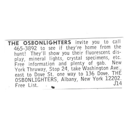 The Osbonlighters Lapidary Shop Albany New York 1972 Ad AF8-S13