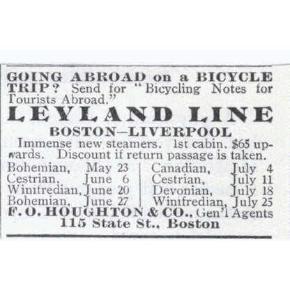 Leyland Line Bicycle Trip F.O Houghton & Co c1918 Original Advertisement AE5-SV3