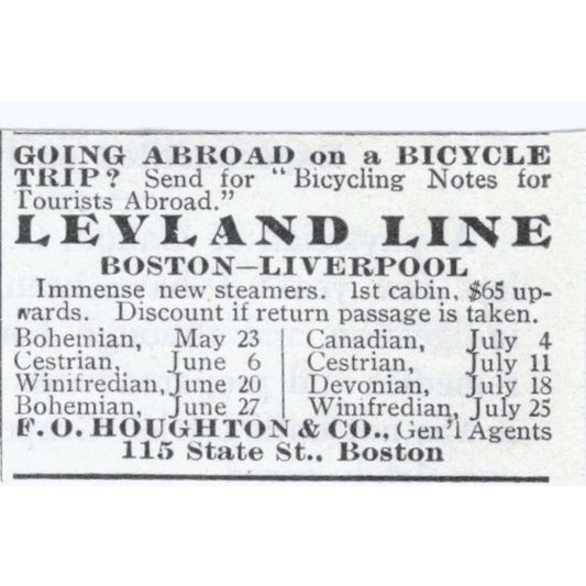 Leyland Line Bicycle Trip F.O Houghton & Co c1918 Original Advertisement AE5-SV3