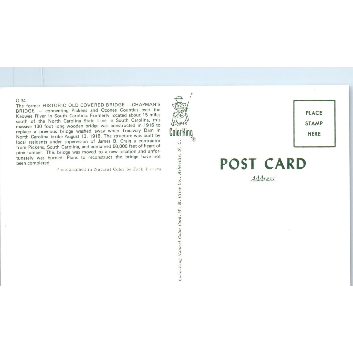 Chapman's Bridge Pickens Oconee South Carolina Covered Bridge Postcard PB10