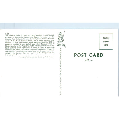 Chapman's Bridge Pickens Oconee South Carolina Covered Bridge Postcard PB10