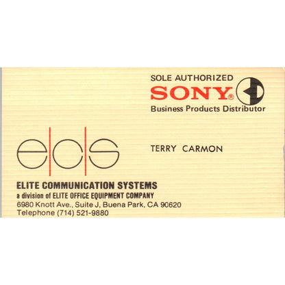 Terry Carmon Sony Elite Communication Systems Buena Park CA Business Card SE3-B3
