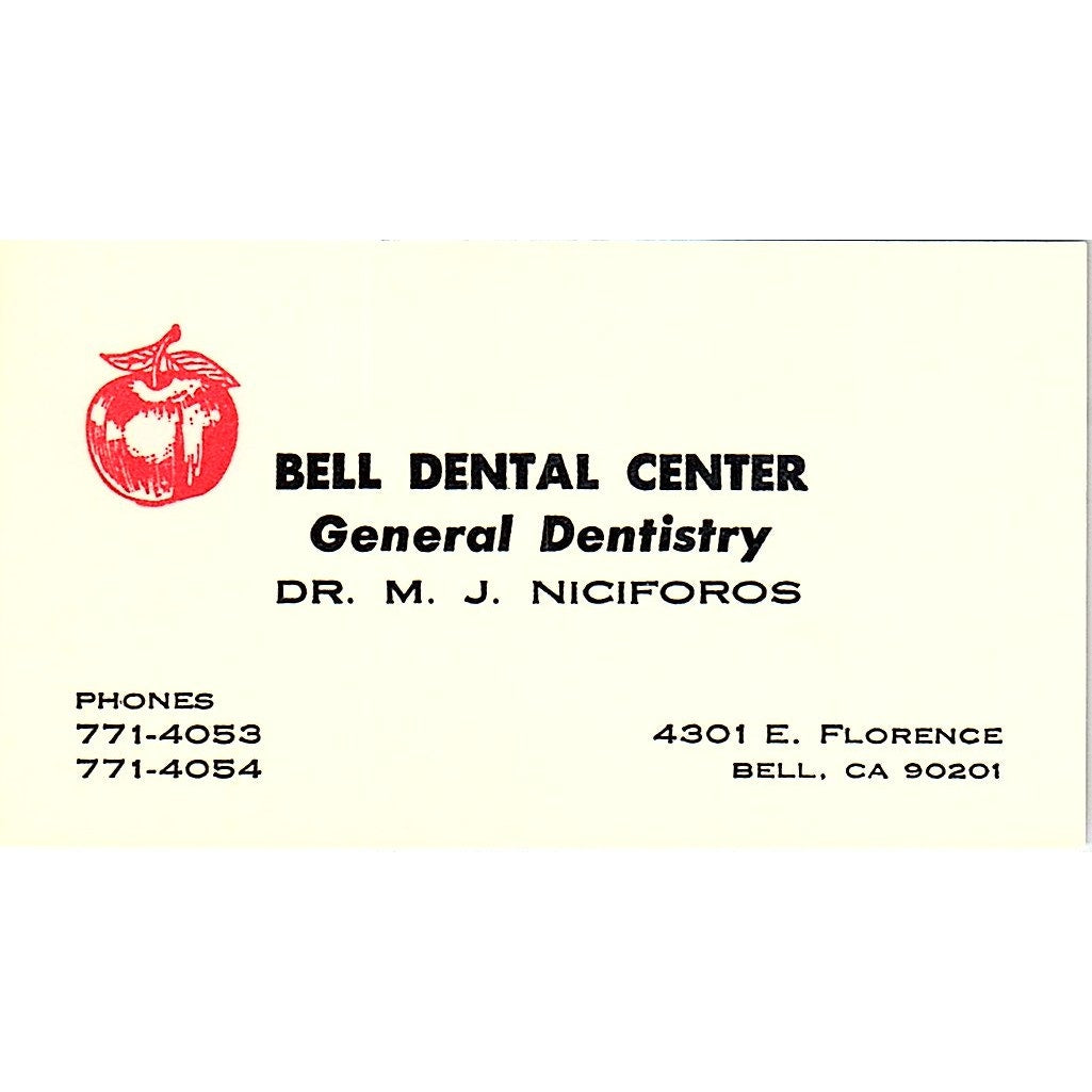 Bell Dental Center Dr M.J. Niciforos Bell CA Vintage Business Card SE3-B15