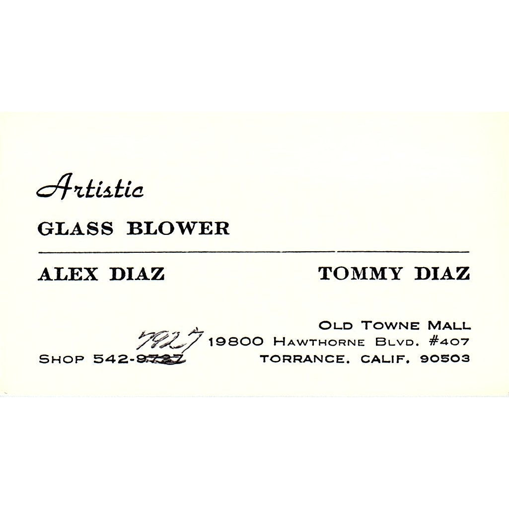 Alex Diaz Artistic Glass Blower Torrance CA Vintage Business Card SE3-B11