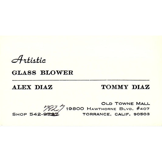 Alex Diaz Artistic Glass Blower Torrance CA Vintage Business Card SE3-B11