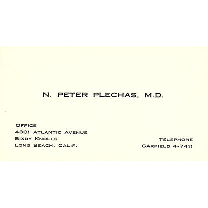 N. Peter Plechas, M.D. Long Beach, California Vintage Business Card SF3-B8