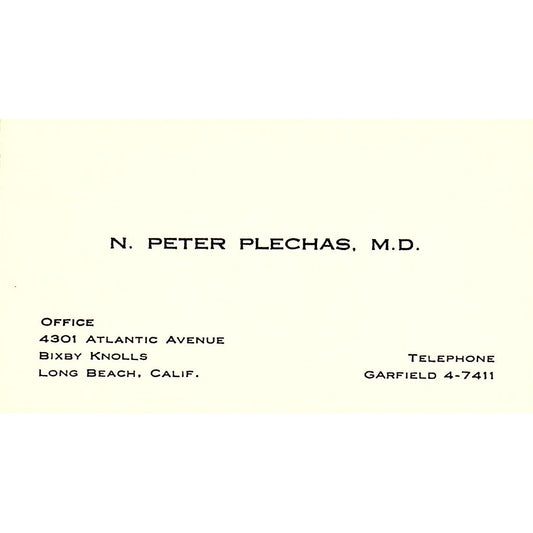 N. Peter Plechas, M.D. Long Beach, California Vintage Business Card SF3-B8