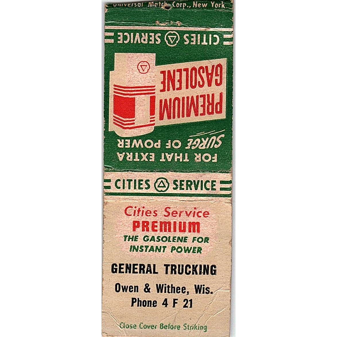 General Trucking Owen & Withee WI Cities Service Vintage Matchbook Cover SC7-Y9