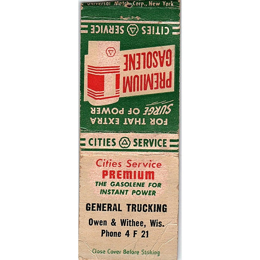 General Trucking Owen & Withee WI Cities Service Vintage Matchbook Cover SC7-Y9