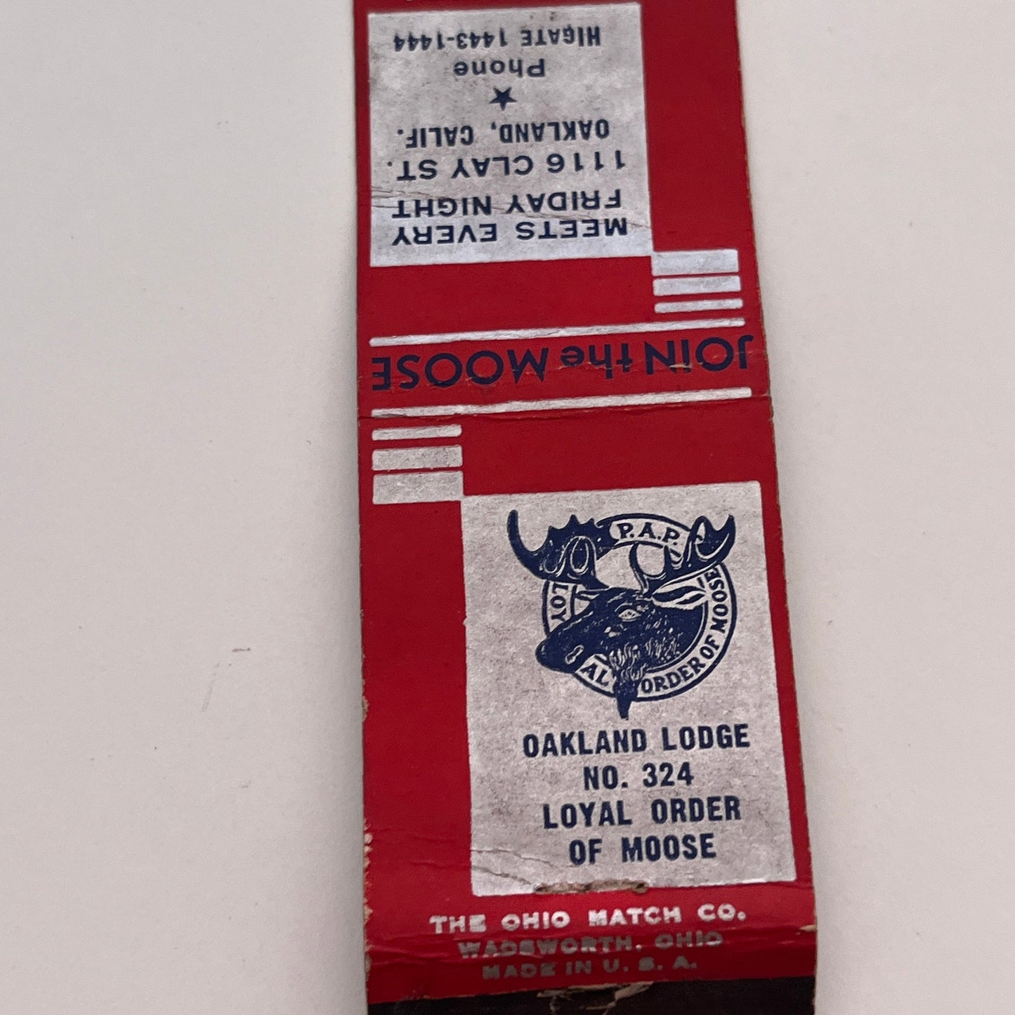 Loyal Order of Moose Oakland Lodge No 324 Vintage Matchbook Cover TB6-MB2-3