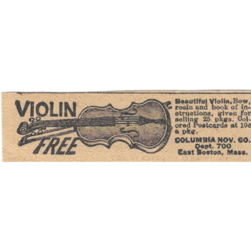 Columbia Novelty Co Boston MA Free Violin Offer 1923 Magazine Ad Clip AE1-6