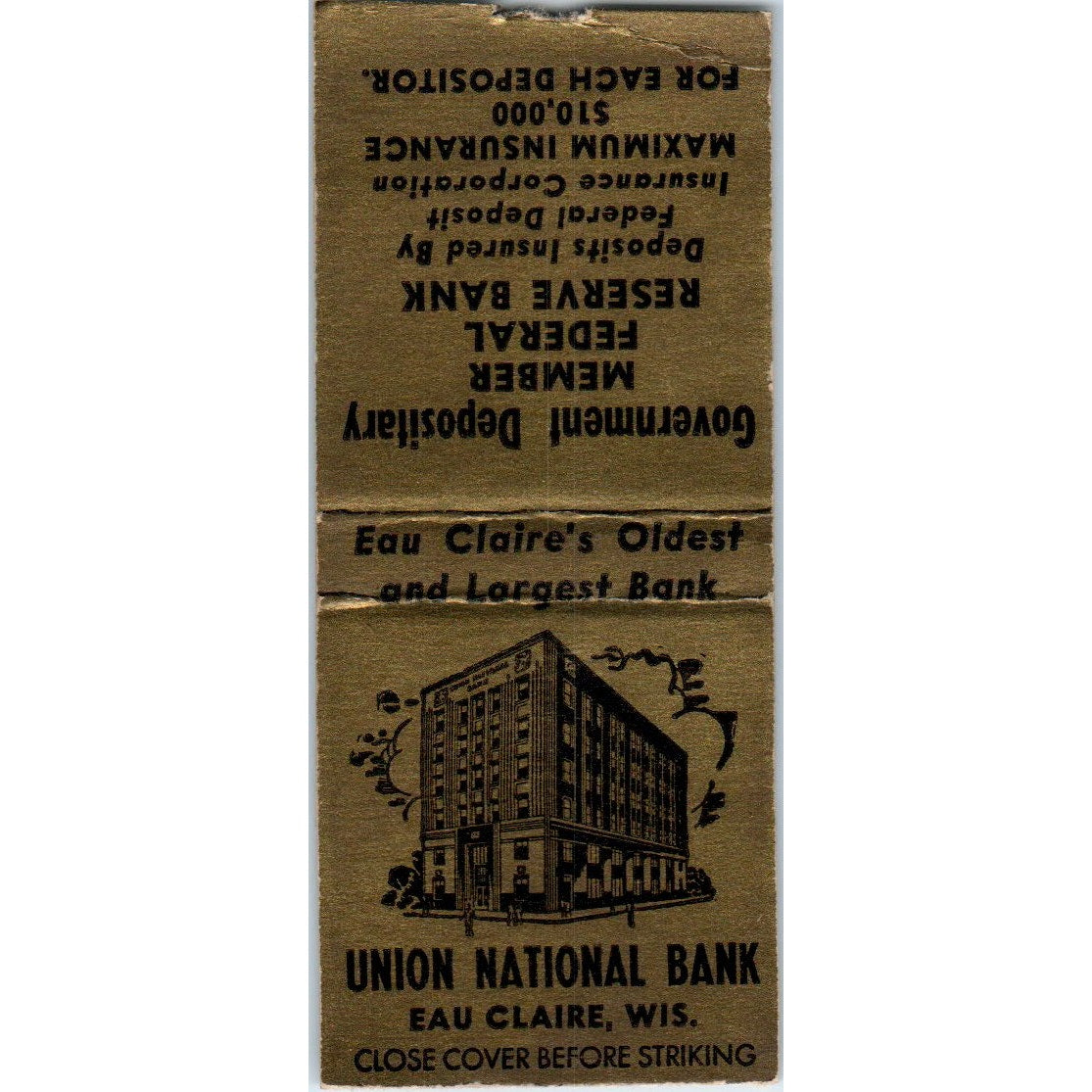 Union National Bank Eau Claire WI Vintage Matchbook Cover SD4-Y6