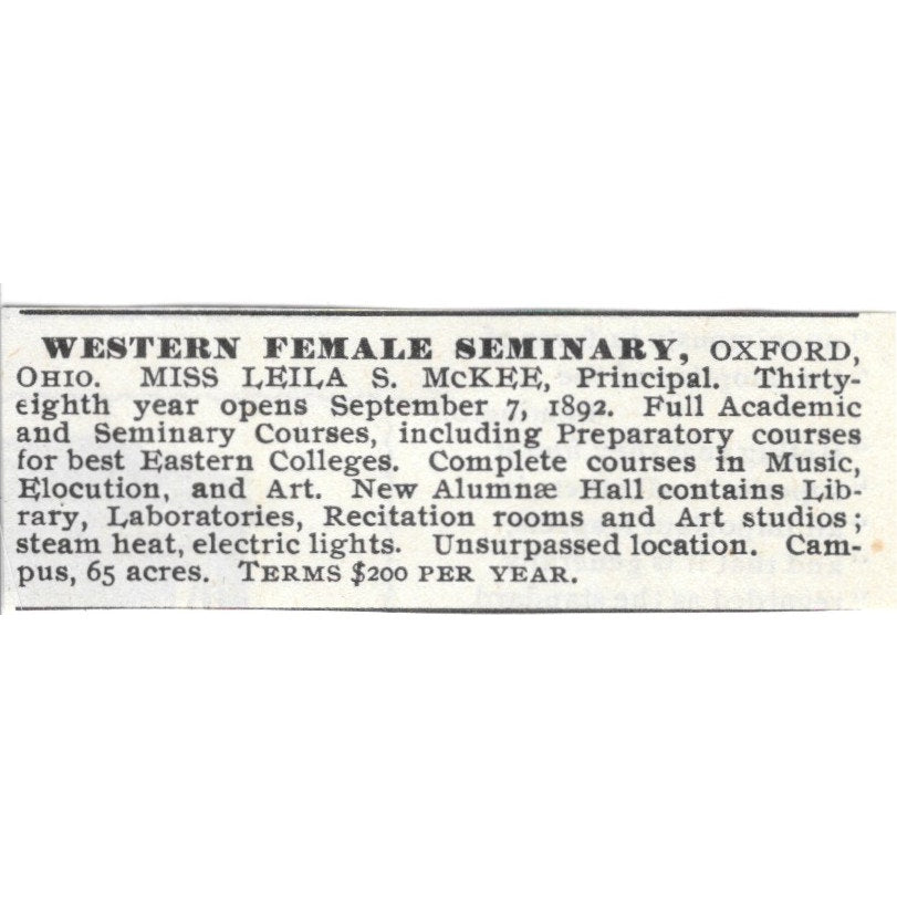 Western Female Seminary Leila S. McKee Oxford Ohio 1892 Ad AG2-S22