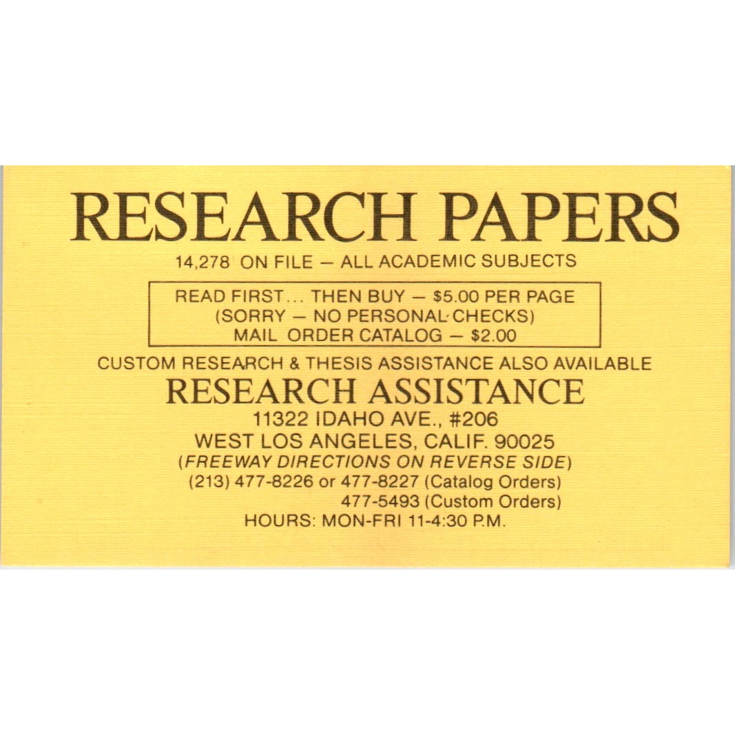 Research Papers Idaho Ave. West Los Angeles CA Vintage Business Card SD8-B20