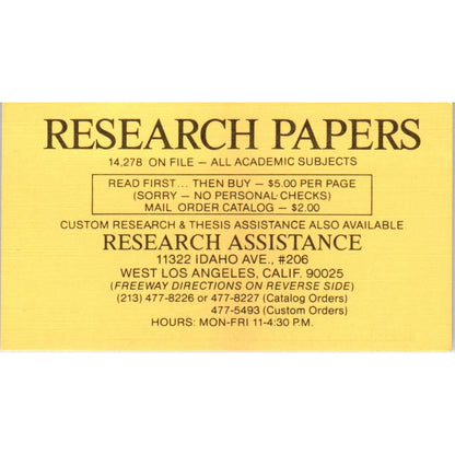 Research Papers Idaho Ave. West Los Angeles CA Vintage Business Card SD8-B20