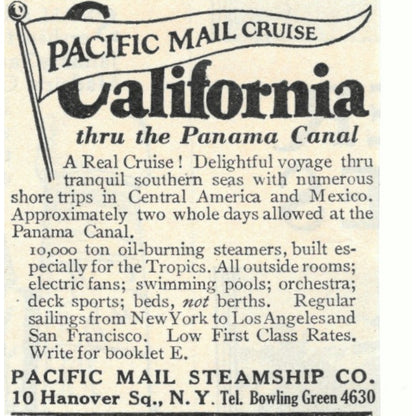Pacific Mail Steamship Co California Panama Cruise 1924 Magazine Ad AD8-O4