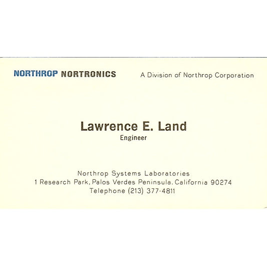 Northrop Systems Laboratories Lawrence E. Land Peninsula CA Business Card SF3-B5