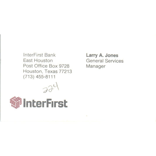 Larry A. Jones InterFirst Bank Houston TX Vintage Business Card SE3-B8
