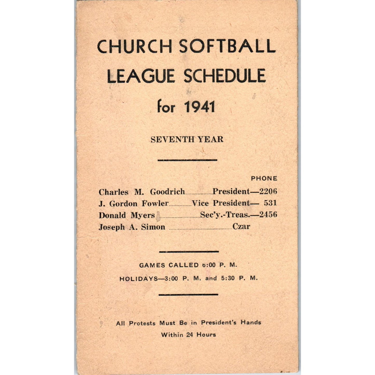 1941 Church Softball Schedule Lock Haven Ministerium Charles M. Goodrich AF1-RR3